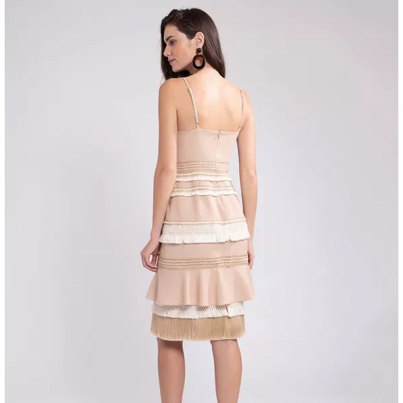 PatBO Fringe Trim Ruffle Linen Mini knee length Dress sand size 36 US 4 new - Picture 2 of 10